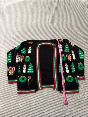 Black Holiday Cardigan with Wreaths, Trees & Snowmen